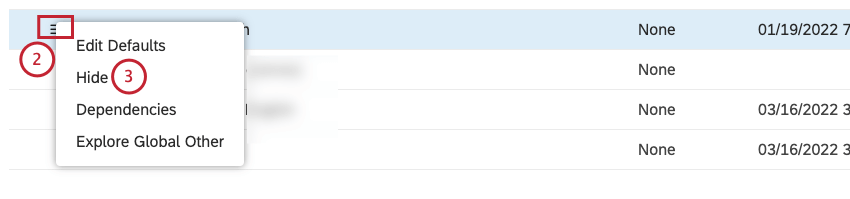 Expand the actions menu next to the attribute or category model you wish to hide. Select Hide to hide the attribute or category model.
