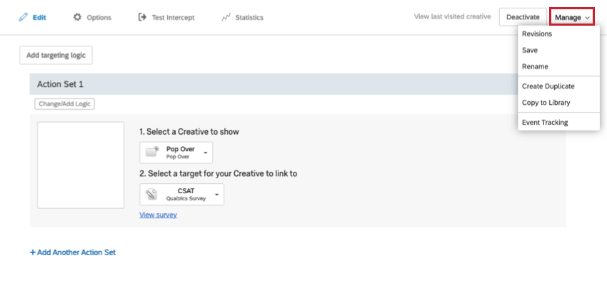 Manage clicked and dropped down to reveal Revisions, Save, Rename, Create Duplicate, and Event Tracking options