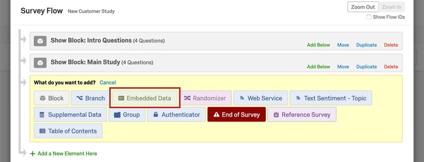 What do you want to add? menu opened with Embedded Data highlighted