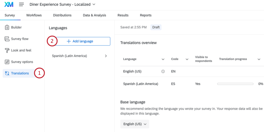 going to the translations tab and clicking add language