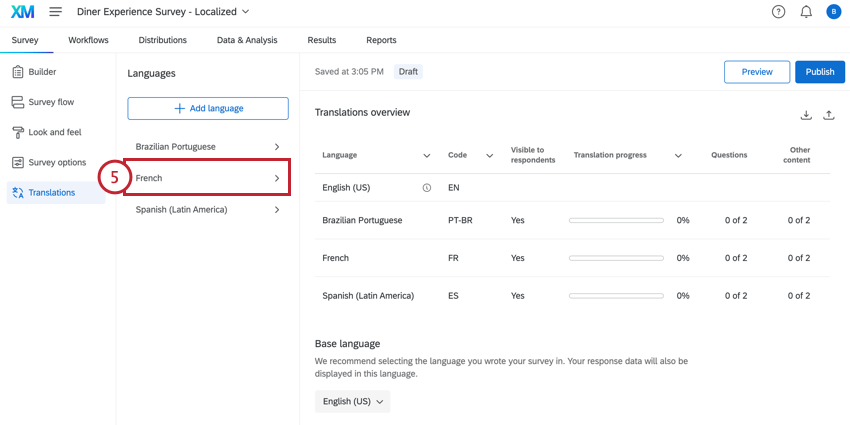 clicking on the newly added language