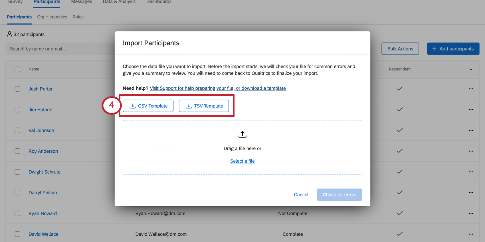 Import participants window, with csv and tsv templates, then a button for uploading a file