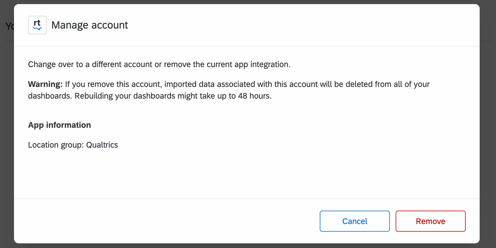 Window where you confirm data deletion