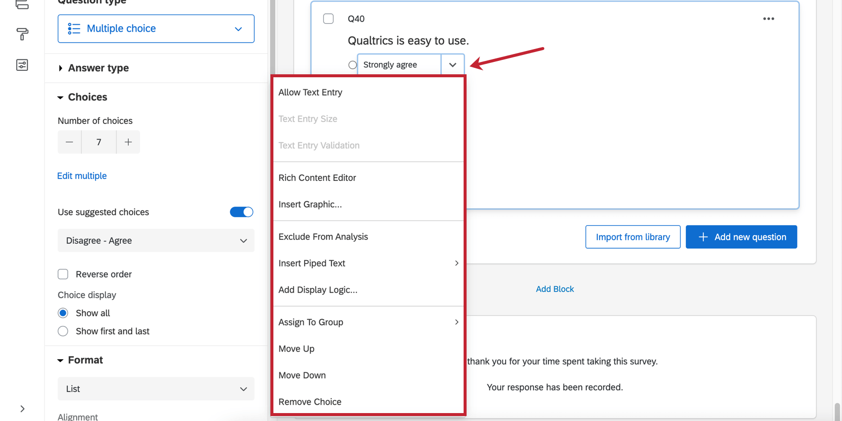 The dropdown arrow next to a choice being edited expands into a menu