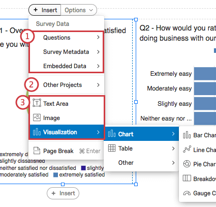 Insert menu expanded on a visualization