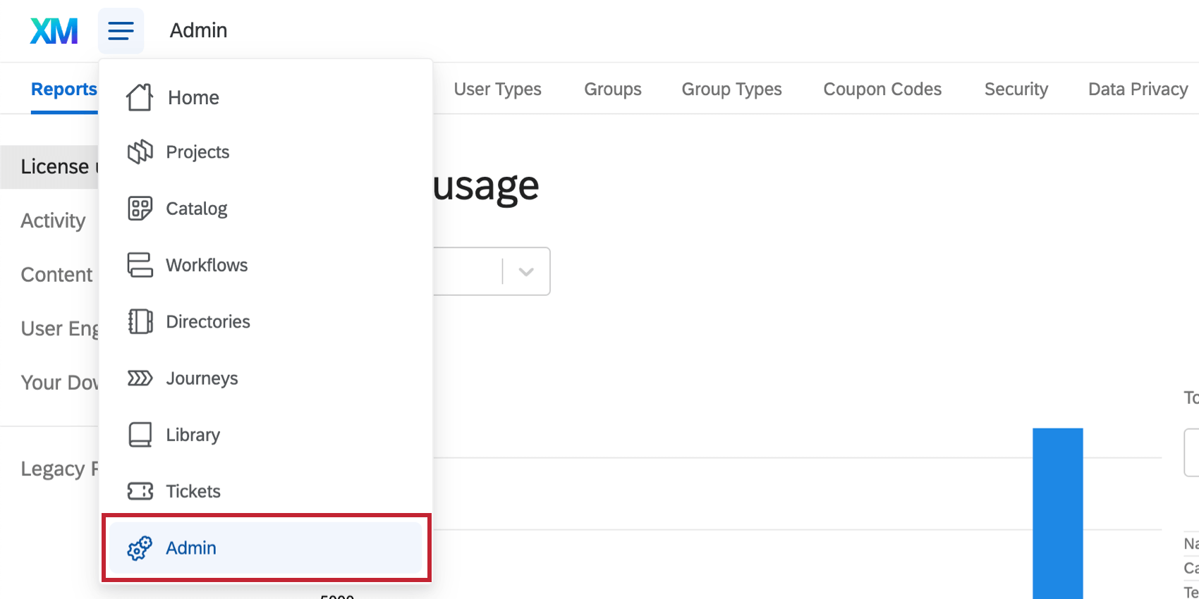 Choosing admin from the top-level navigation in the top-left of every page of the website