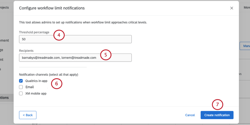 entering a threshold, recipients, and choosing notification types