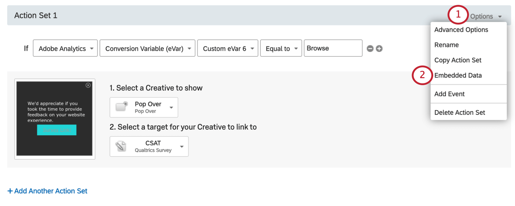 Clicking Options on the upper-right of an Action has revealed a menu with the option Embedded Data