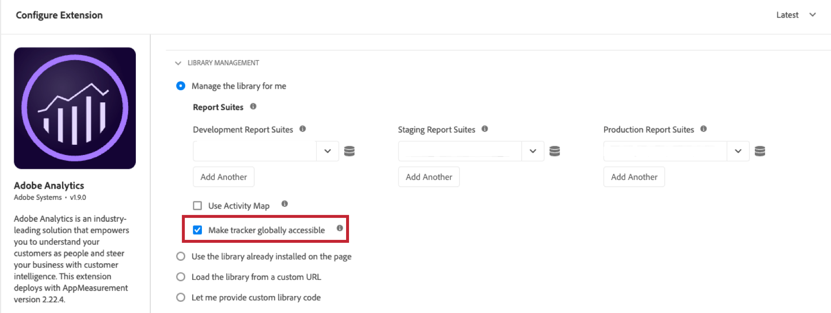 make tracker globally accessible option checked when configuring the adobe analytics extension