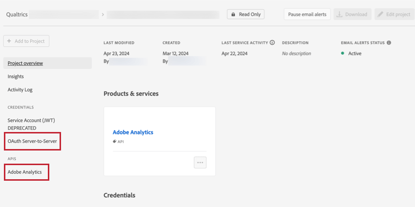 navigating to a project with available oauth credentials