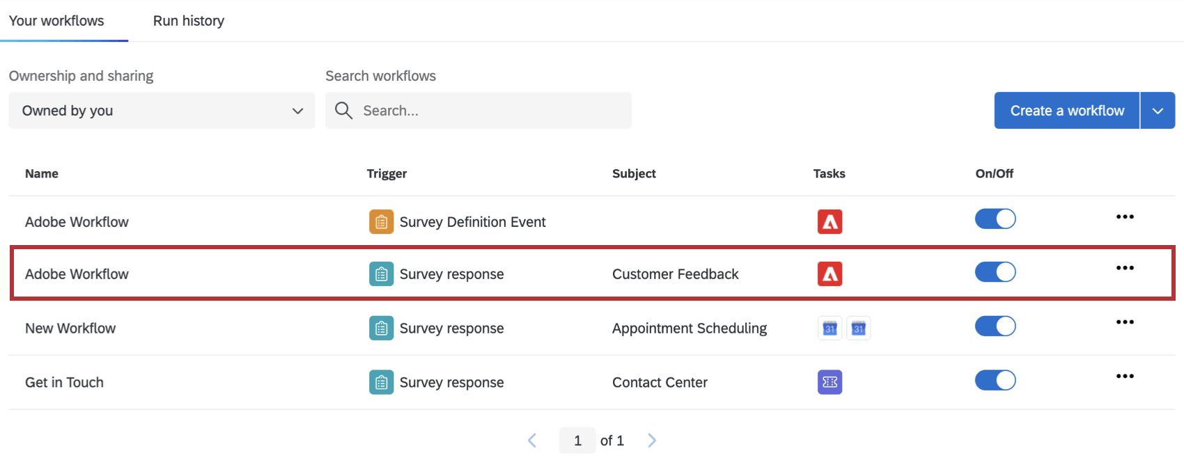 selecting the survey response triggered adobe workflow