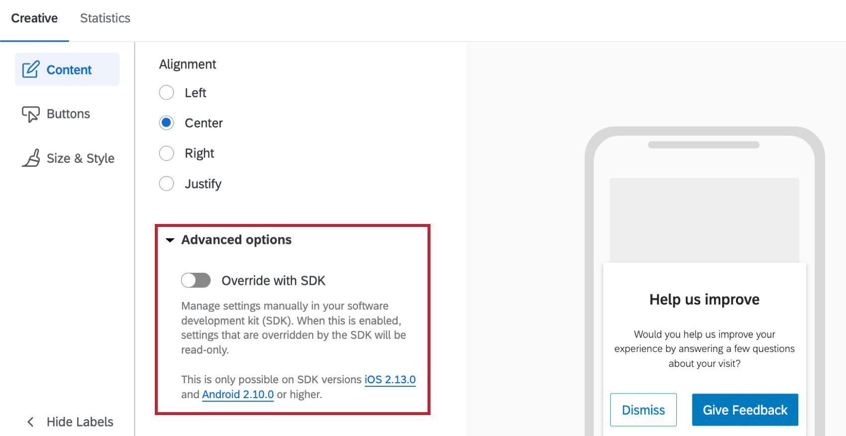 override with SDK setting