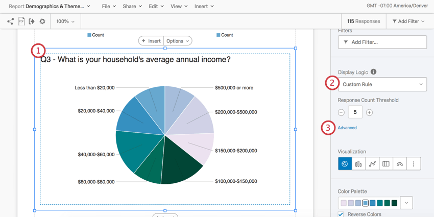Pie Chart is selected and in the editing pane to the right are the options described