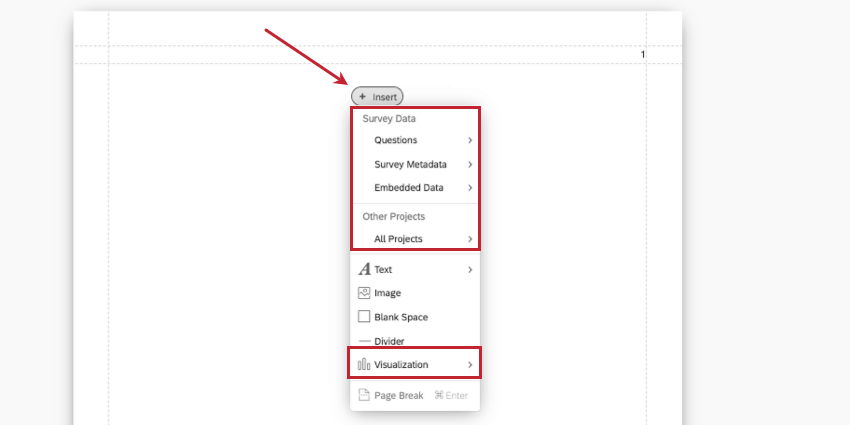 inside an advanced-report, clicking insert, then seeing menus. the screenshot is highlgihted to show data sources you can choose on the top, or, at the very bottom, the visualizations menu