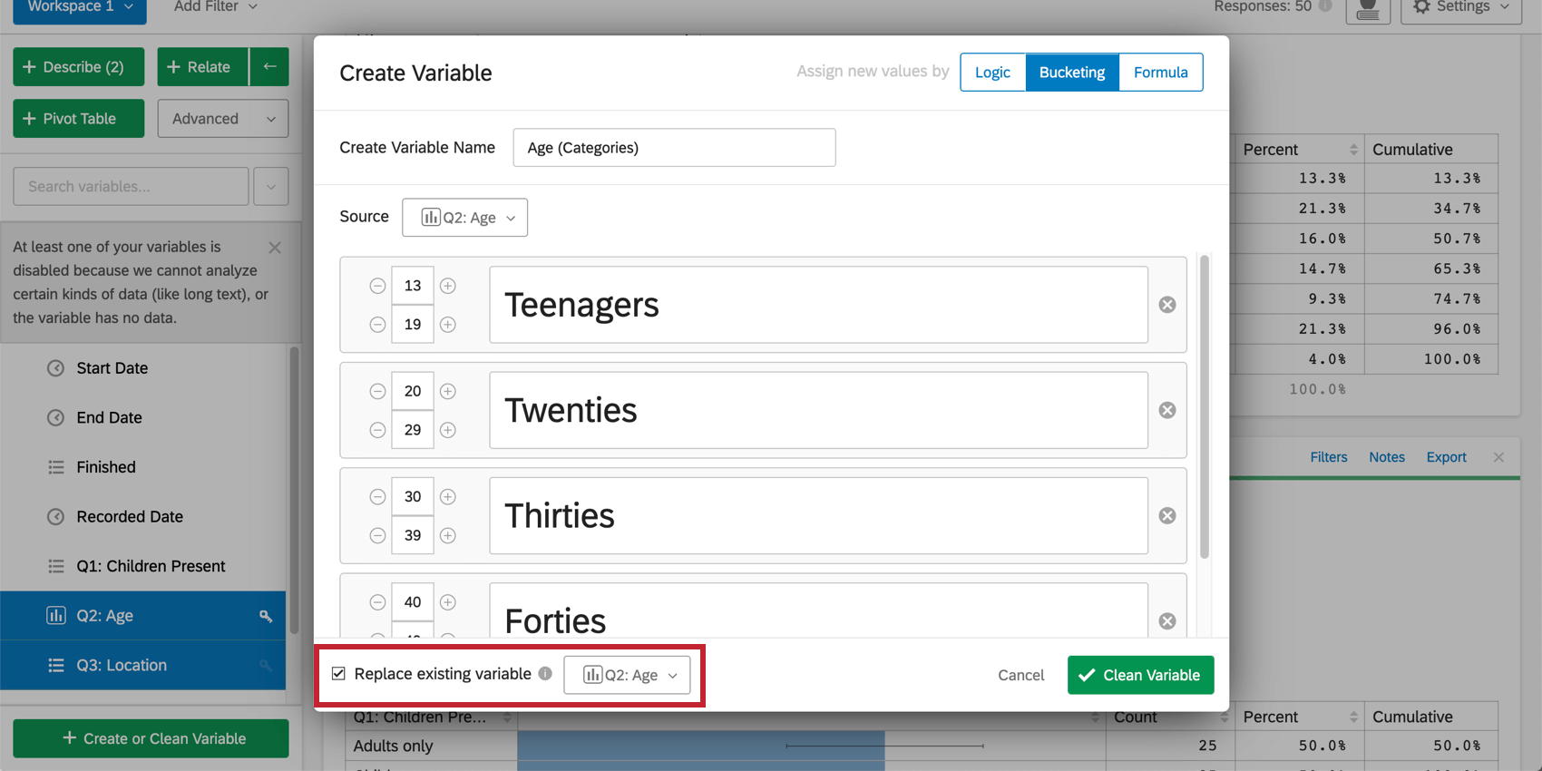 Cleaning the age variable by adding age ranges instead