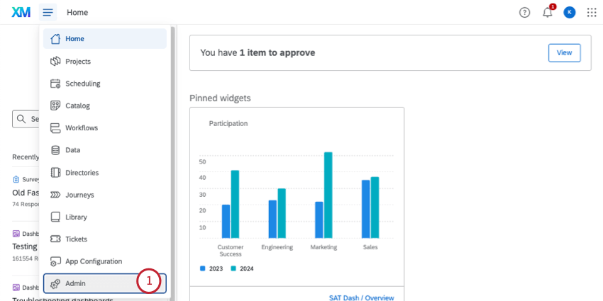 Opening hamburger menu and selecting admin