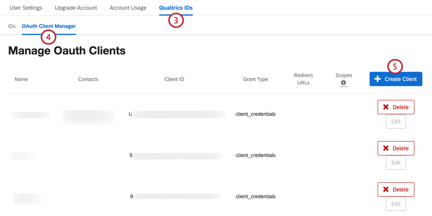 navigating to the oauth section of qualtrics ids and clicking create client