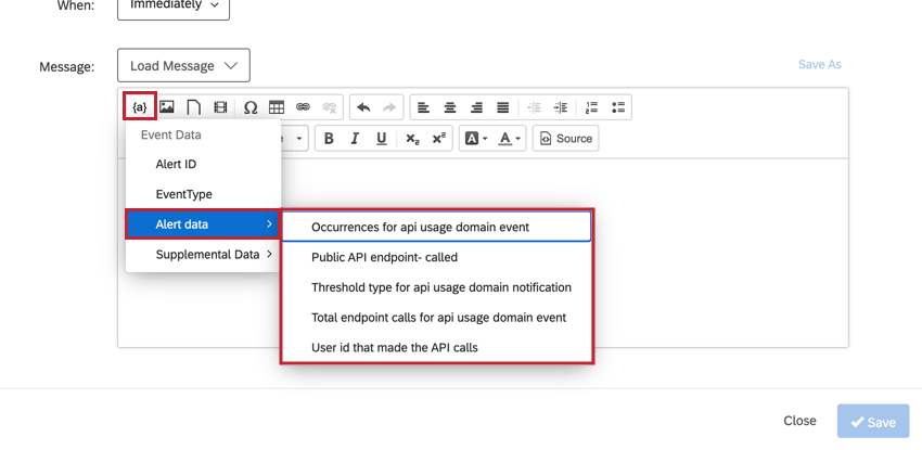 the piped text menu for tasks triggered by an api usage event