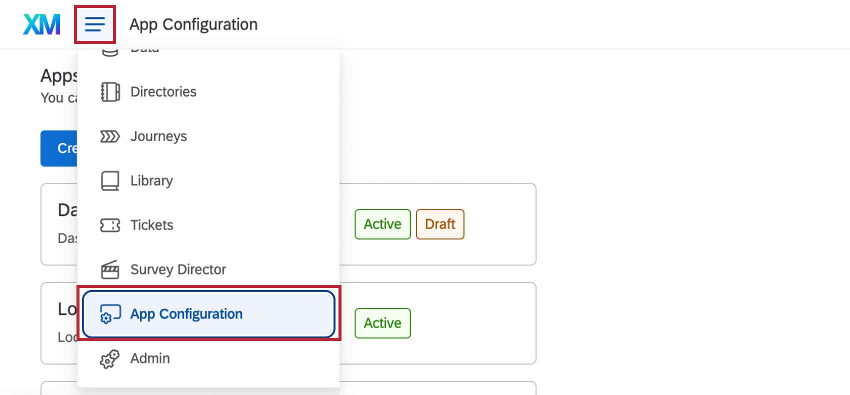 app configuration within the global navigation menu