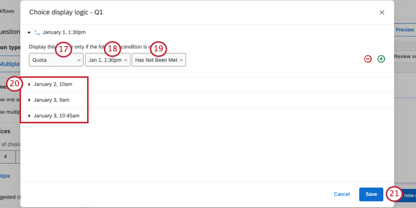 Question dropdown reveals a Quota option. Changing fields for the display logic