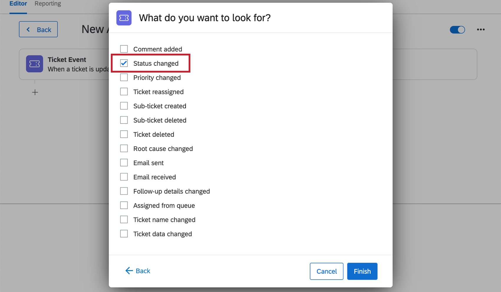 Image of window where "Status changed" is selected from a long list of ticket actions