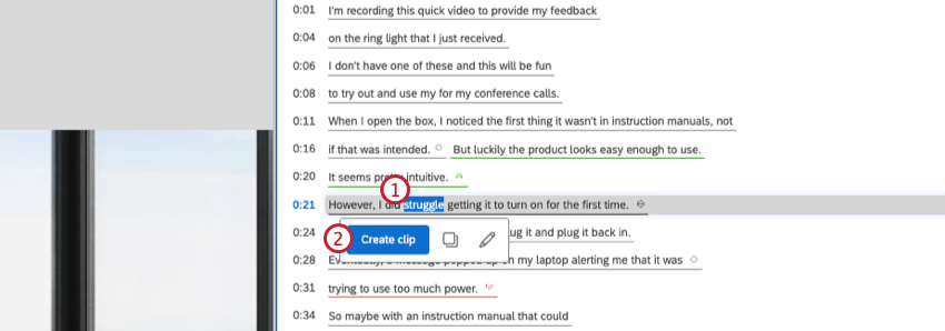 clicking on a word in a transcript