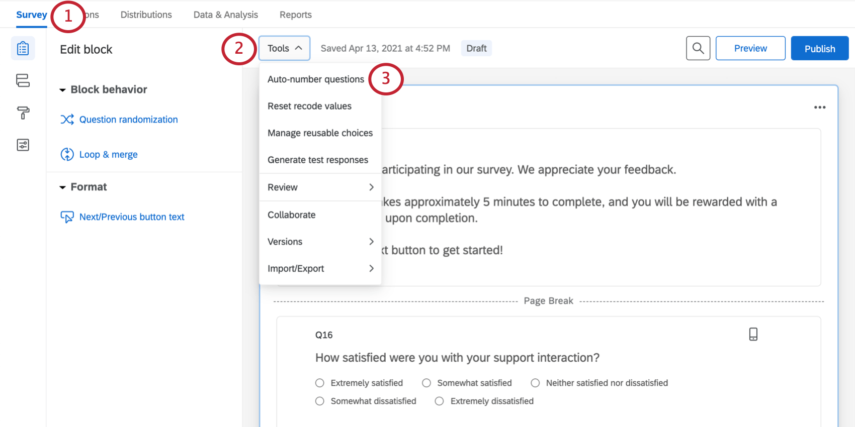 Tools button on the Survey tab reveals an Auto-Number Questions option