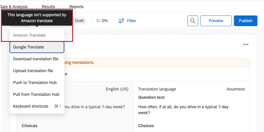 a grayed-out translation service