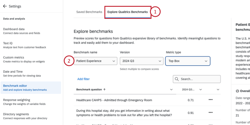navigating to the Explore Qualtrics Benchmarks tab and choosing a benchmark