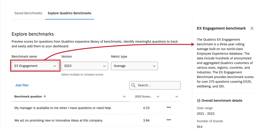 reading more information about the benchmark in the side panel