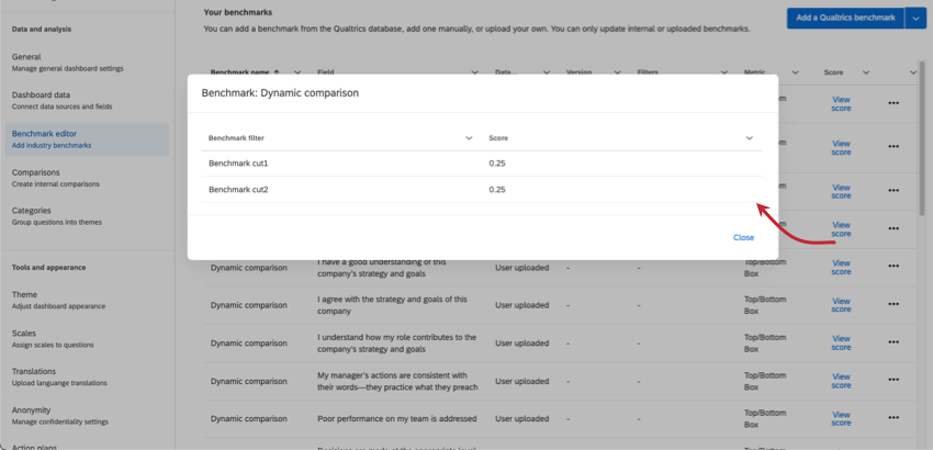 viewing benchmark editor in the settings of an engagement dashboard