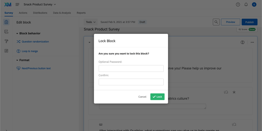 Lock block window with space to enter an optional password