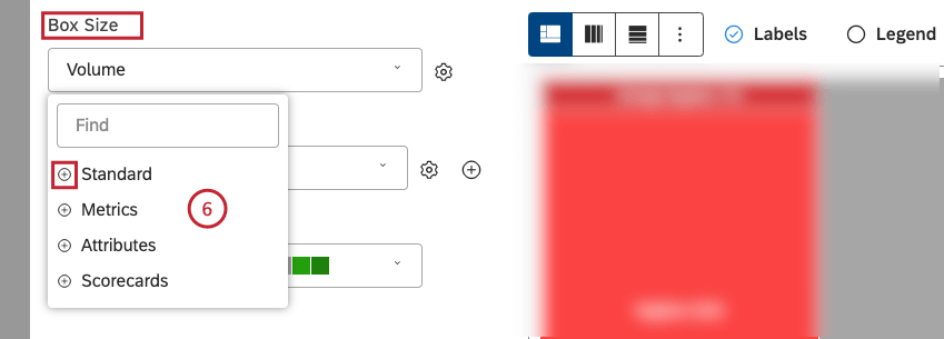 Select 1 of the following calculation options to be reflected by the size of the boxes: Standard, Metrics, Attributes or Scorecards.