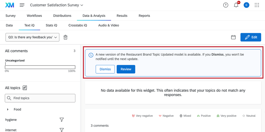 the brand topic update message, asking to import or dismiss the changes to the model
