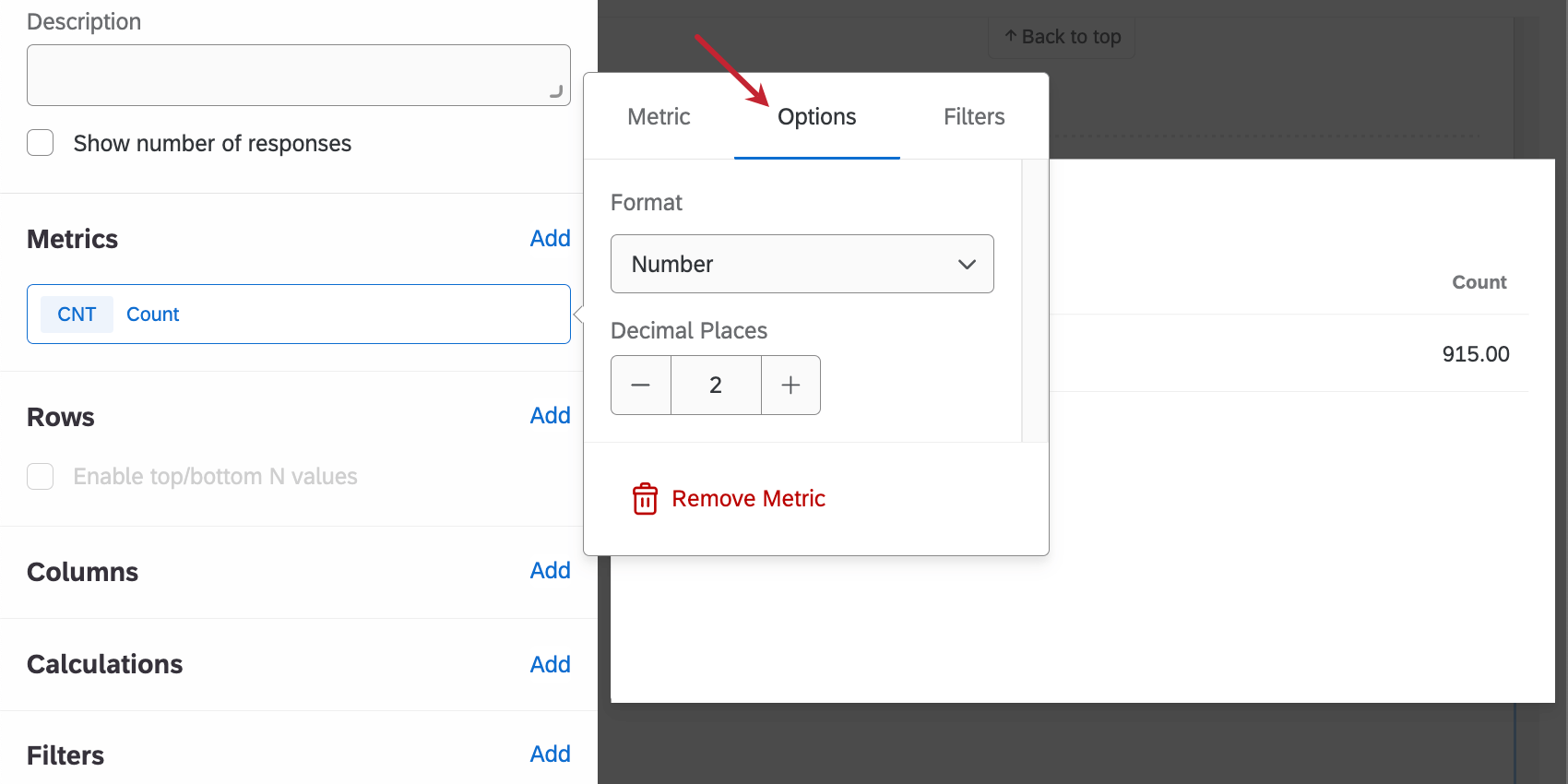 Options Tab in a widget metric