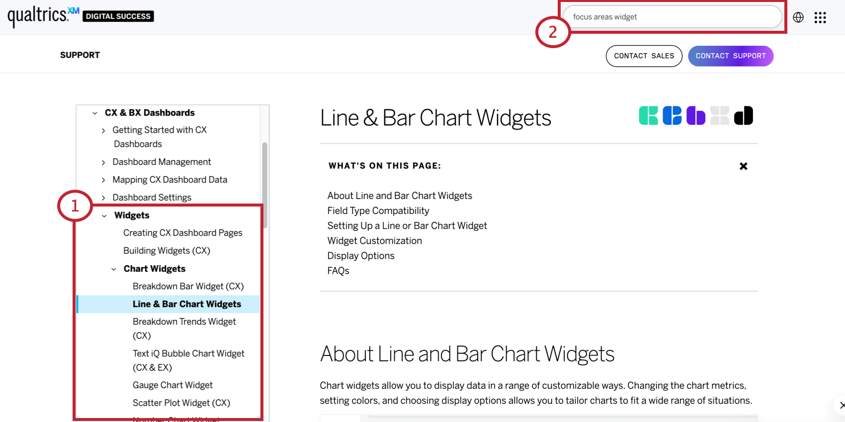 Navigating support pages using the menu and search bar