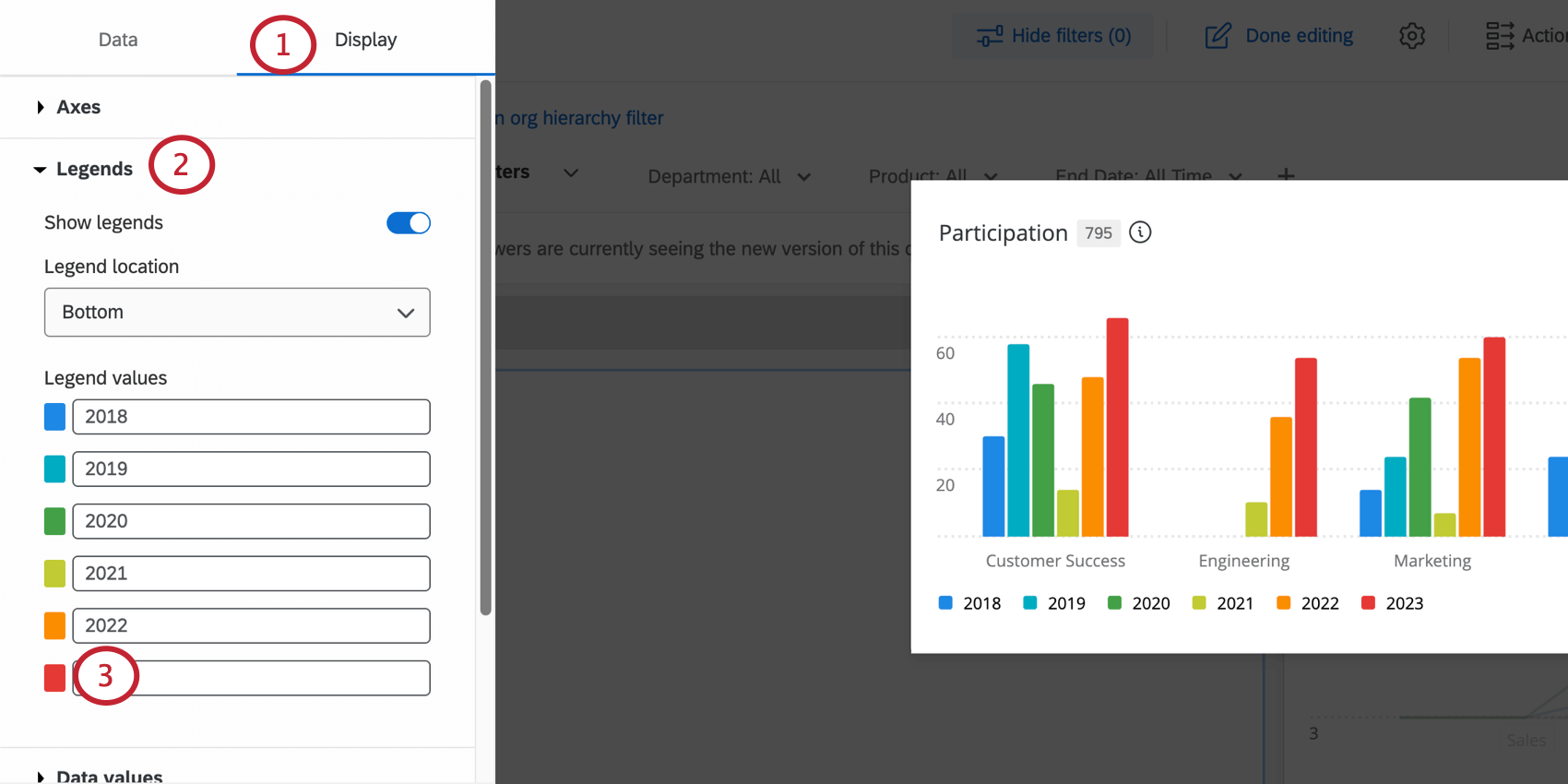 display tab of widget editor is open, and from the dropdown lists of settings, legends is expanded, showing a list of widget items and their associated colors