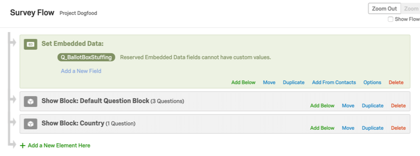 Q Ballot Box Stuffing at the top of the survey flow, with no value set
