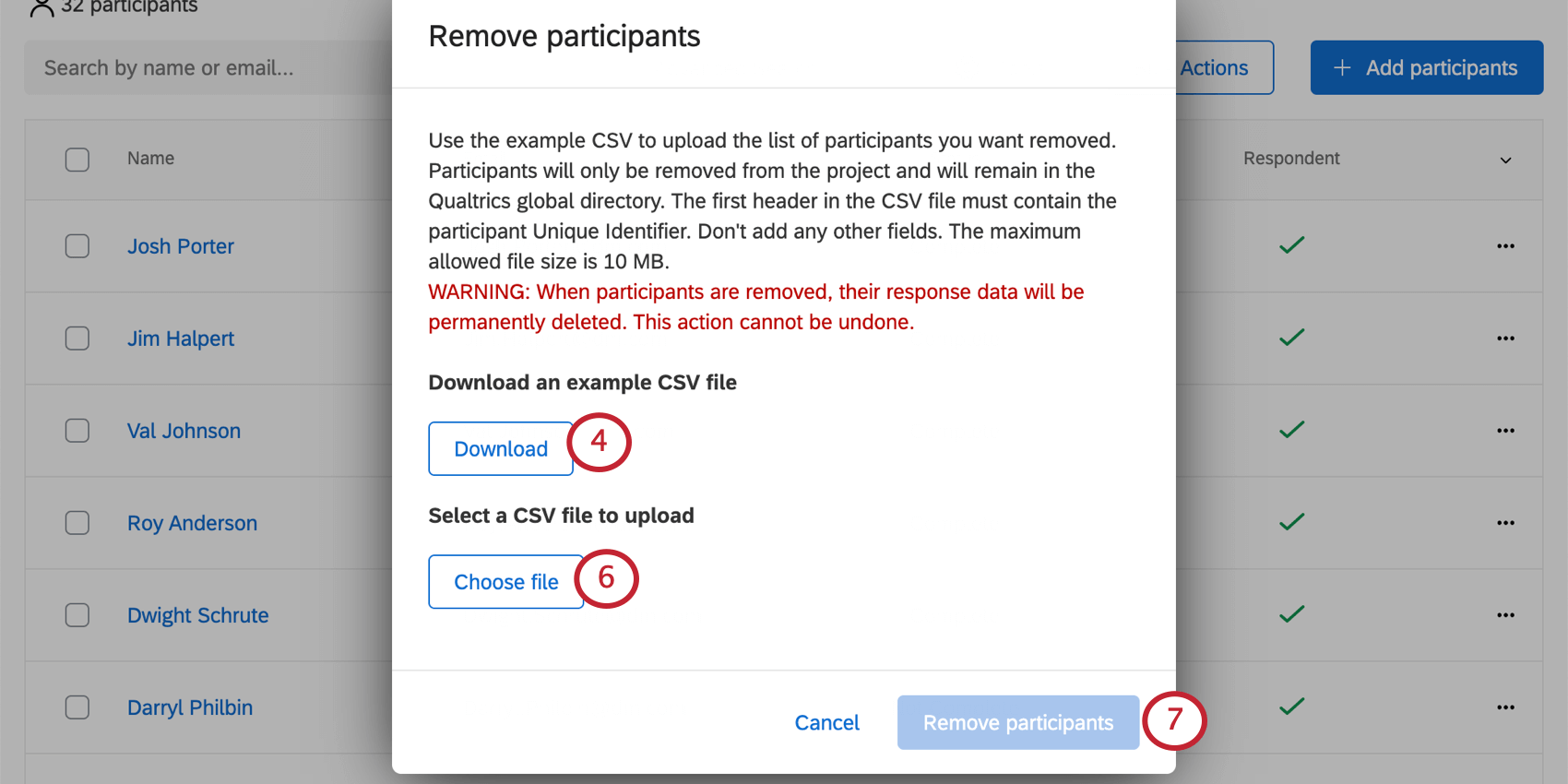 Remove Participants window with browse to left, example CSV to right, remove participants in bottom-right