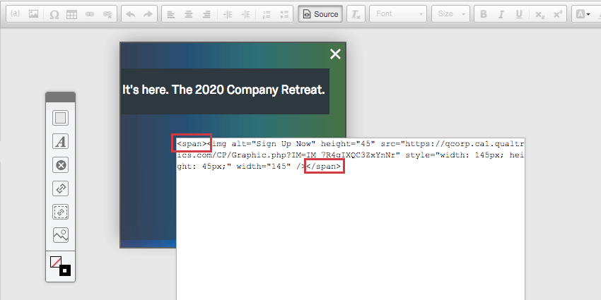 Spans added to the source text of the button