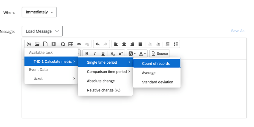 the calculate metric results available in the piped text menu of an email task