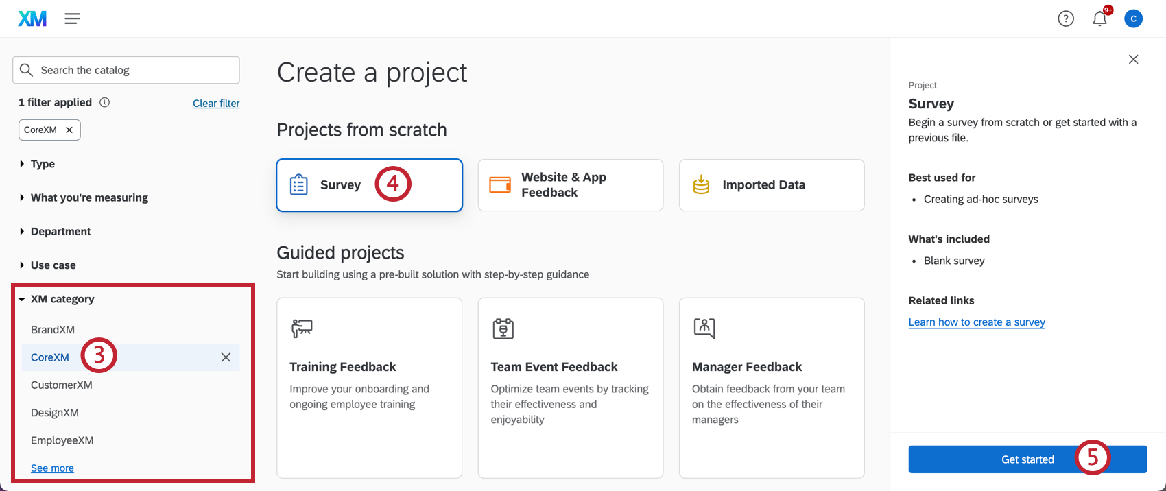 selecting the survey project and clicking get started