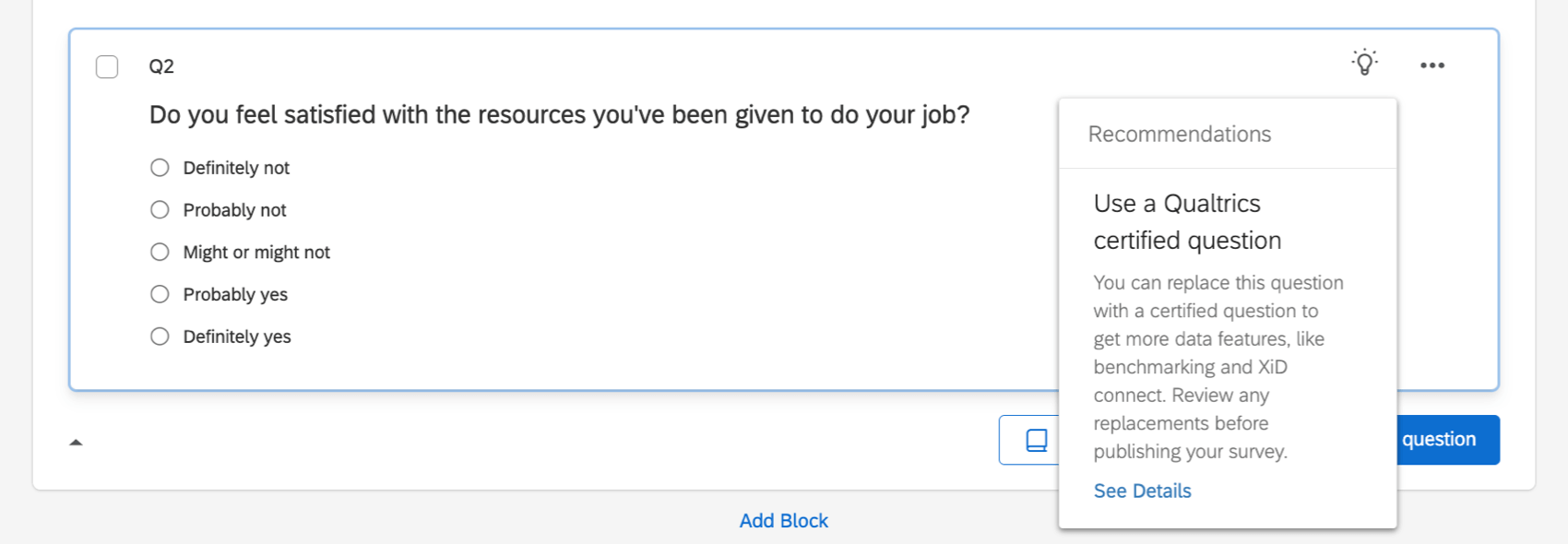 A question in the survey builder with a certified question recommendation