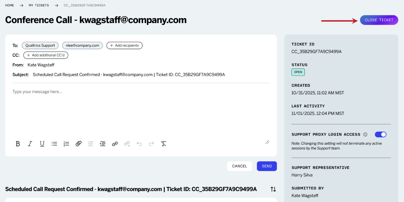 the "close ticket" button located in the top right corner of an open support ticket