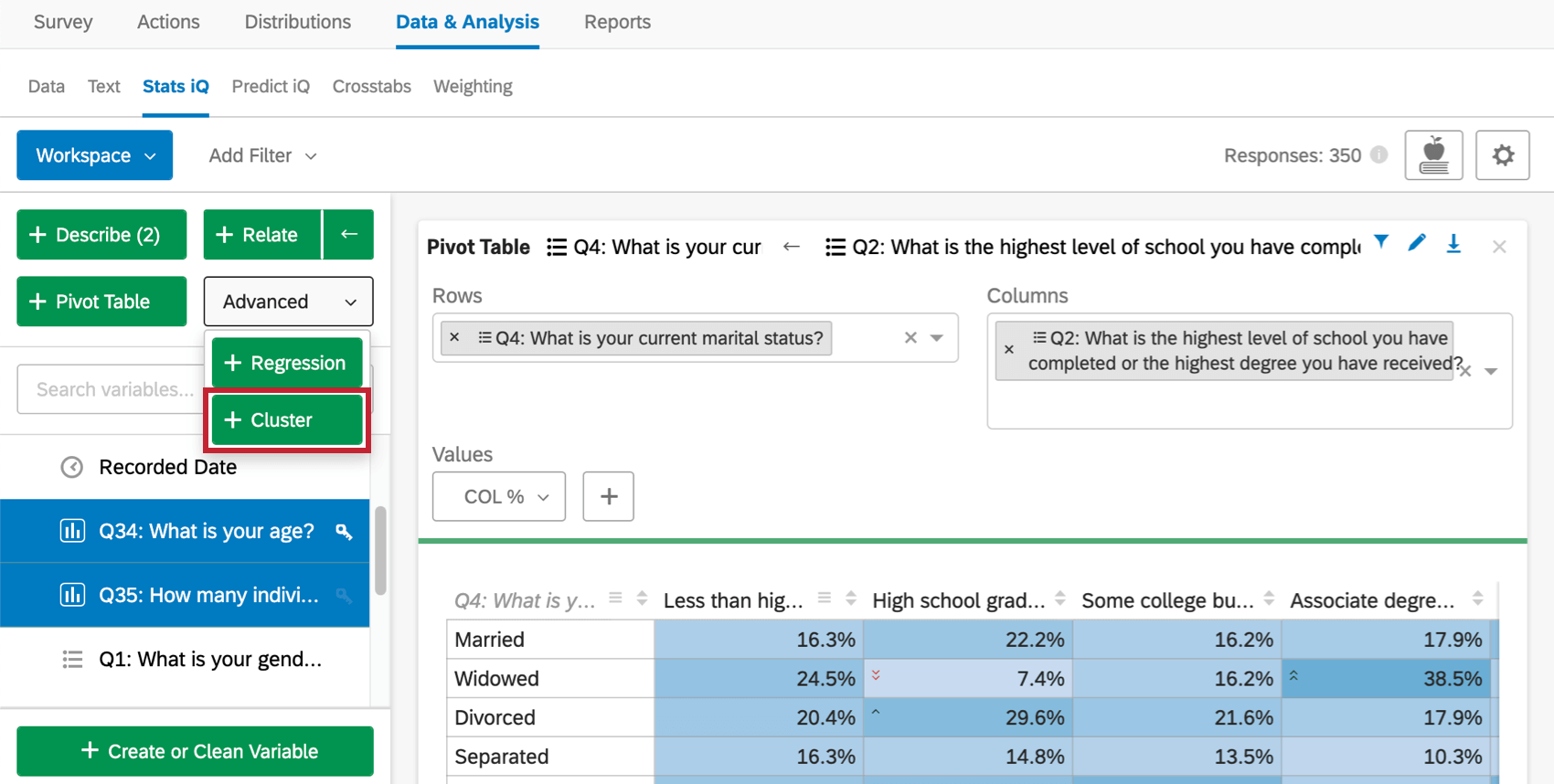 Cluster button on left under Advanced dropdown