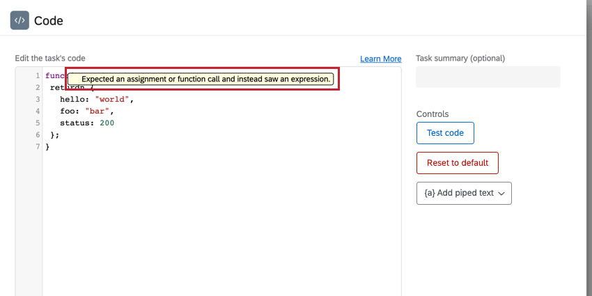 a syntax error appears in yellow in the javascript editor