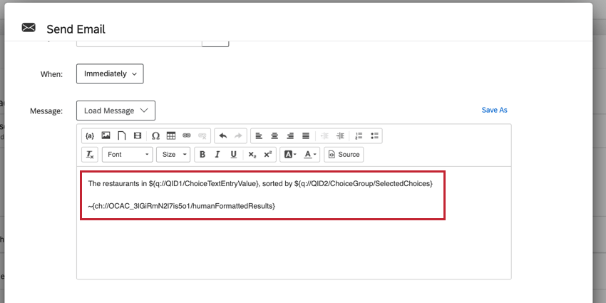 the email editor with the piped text for displaying the results of the action