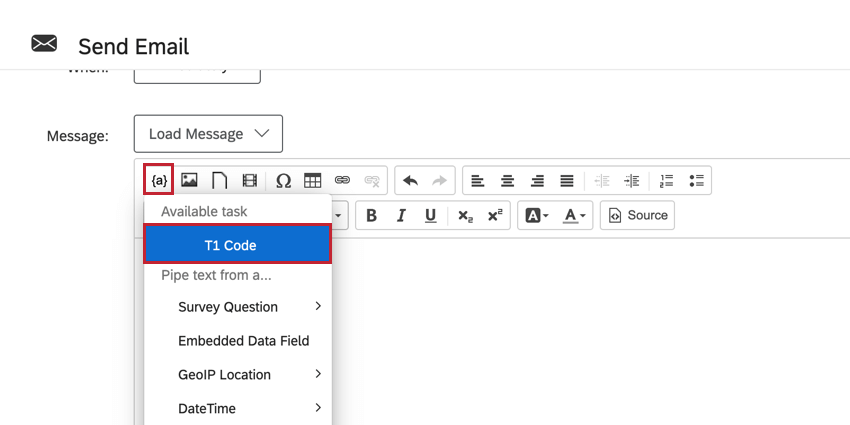 choosing the code task result in the piped text menu of an email task