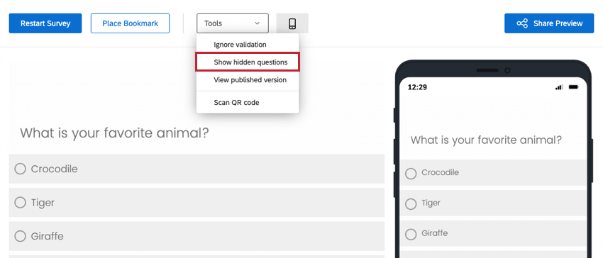 Under the Tools Button, Show Hidden Questions option