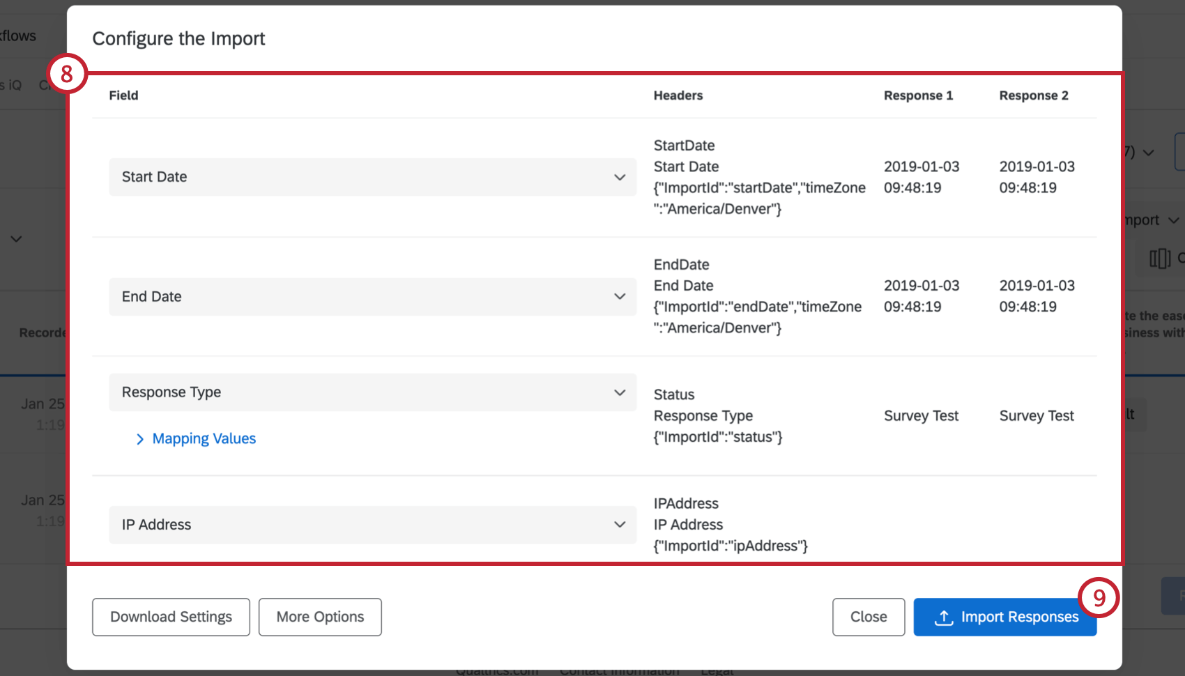 Configure the Import menu showing the fields and the Import Responses button